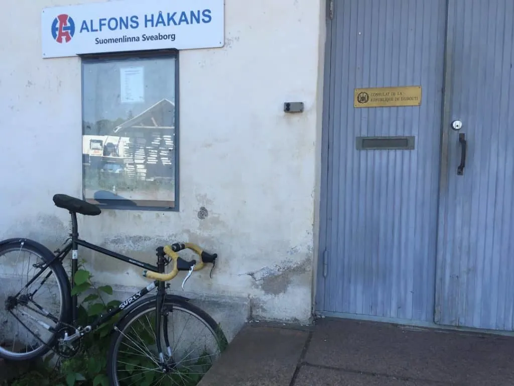 The Consulate of Djibouti is (inexplicably?) located in this building on Suomenlinna. Note the brass doorplate.