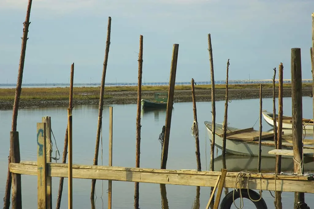 a green oyster boat parked away from the pier in the morning. in apalachicola florida.010036