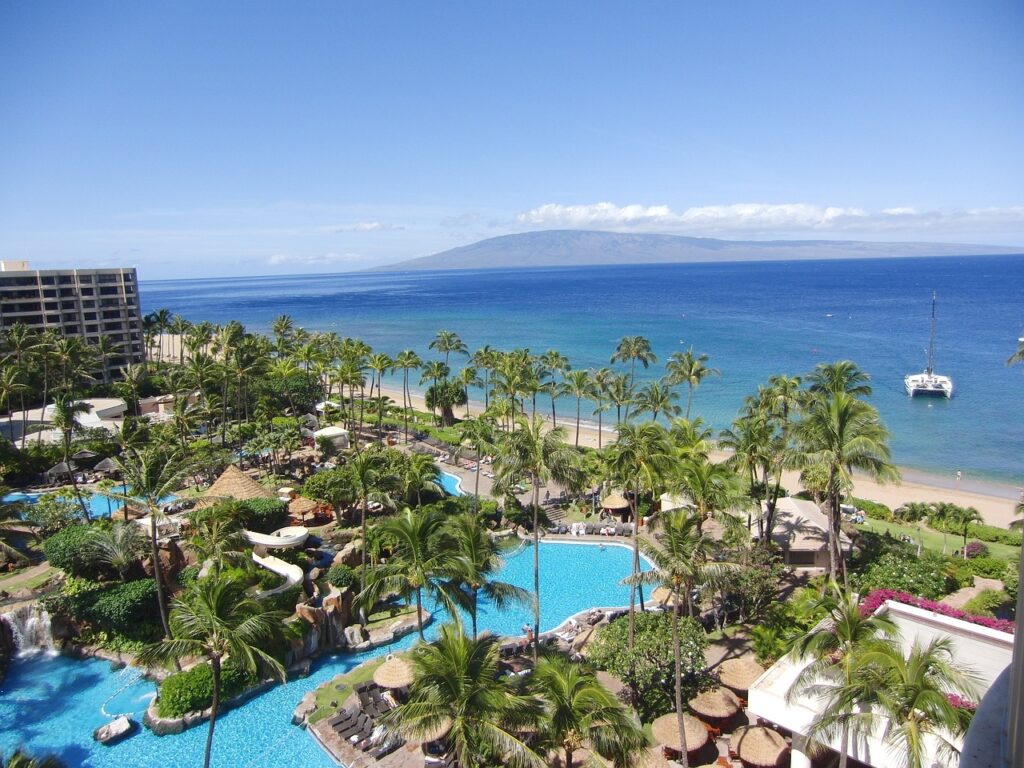 beach resort pool and grounds aerial view