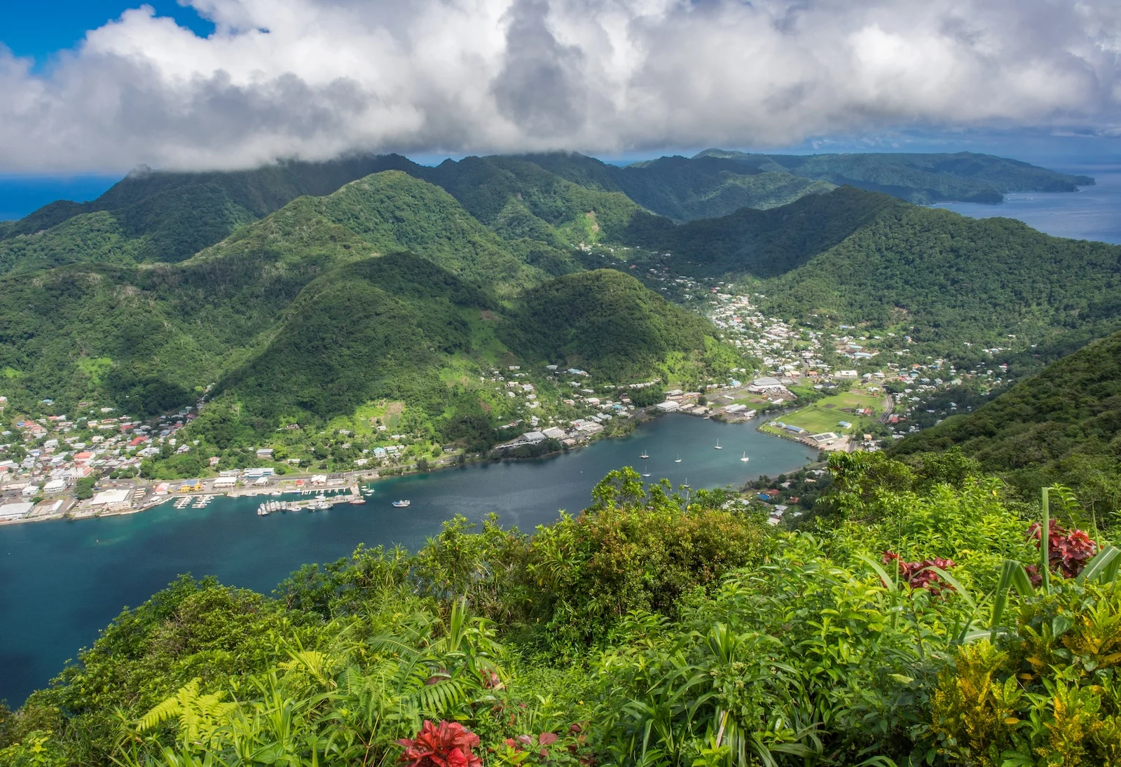 Aerial view of Pago Pago village and Harbor